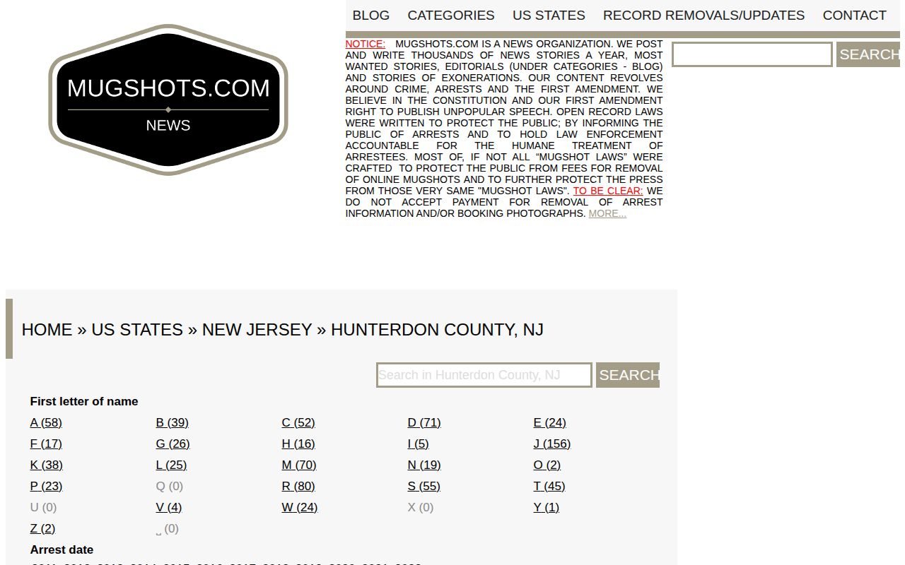 Unofficial Hunterdon County historical mugshot listing interface
