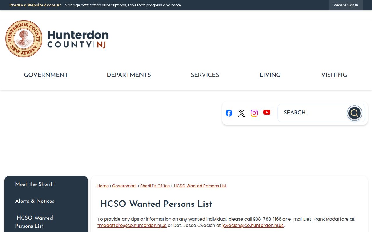 Hunterdon County Sheriff official wanted person record list