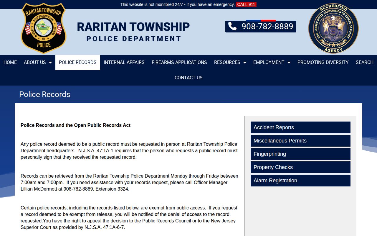 Raritan Township Hunterdon County police records access page for arrest records